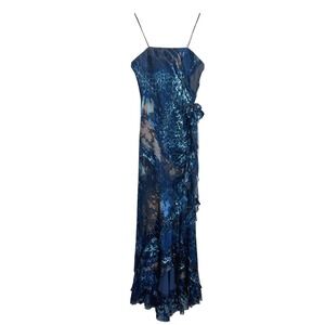 Y2k 2000s Fairycore Whimsigoth Punk Leopard‎ Silk Floral Rosette Blue Silk Dress